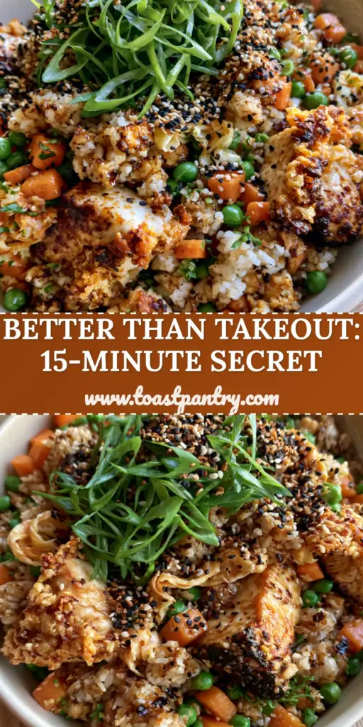 A steaming bowl of chicken fried rice with seared chicken breast, orange carrots, green peas, and egg ribbons in a matte cream bowl. (chicken fried rice)