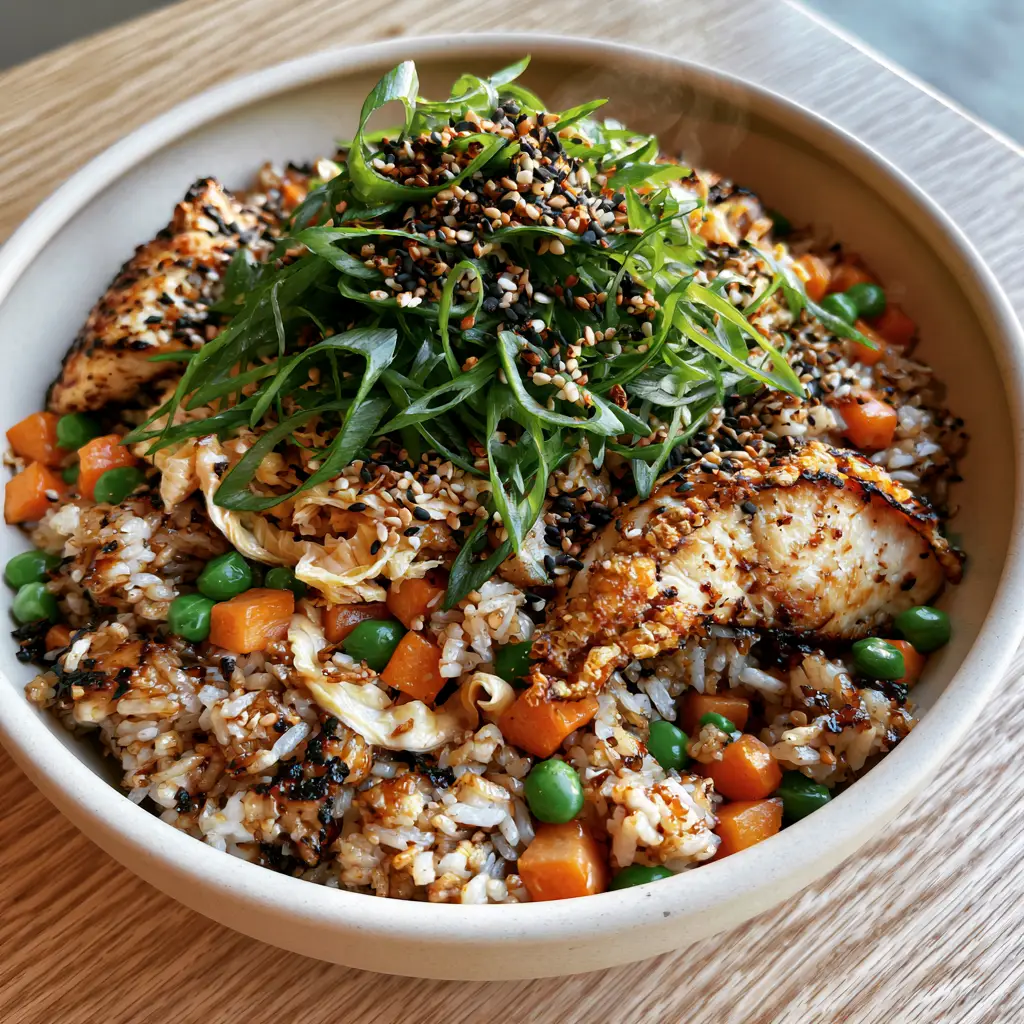 Close-up of chicken fried rice showing soft yellow egg ribbons, vibrant peas, and toasted sesame seeds. (chicken fried rice)
