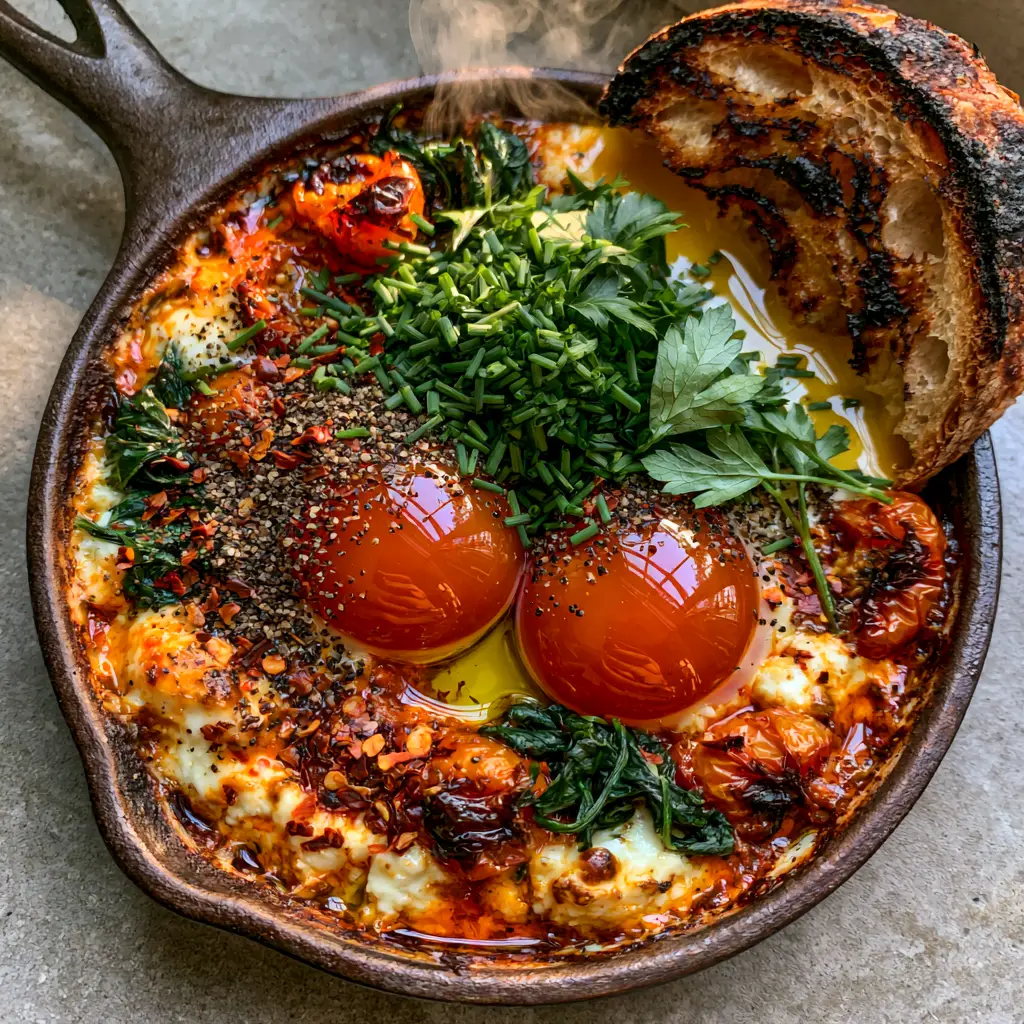 A handheld photo of charred sourdough bread being dipped into the runny yolk of Mediterranean Baked Feta Eggs.