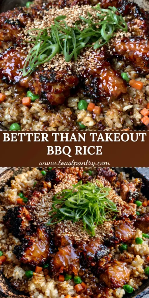 A handheld smartphone photo of Japanese BBQ chicken fried rice in a black cast iron skillet featuring glistening amber glazed chicken chunks and fluffy soy rice. (japanese bbq chicken fried rice)