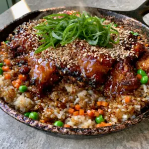 Close up of caramelized chicken chunks with charred edges and amber glaze in japanese bbq chicken fried rice. (japanese bbq chicken fried rice)
