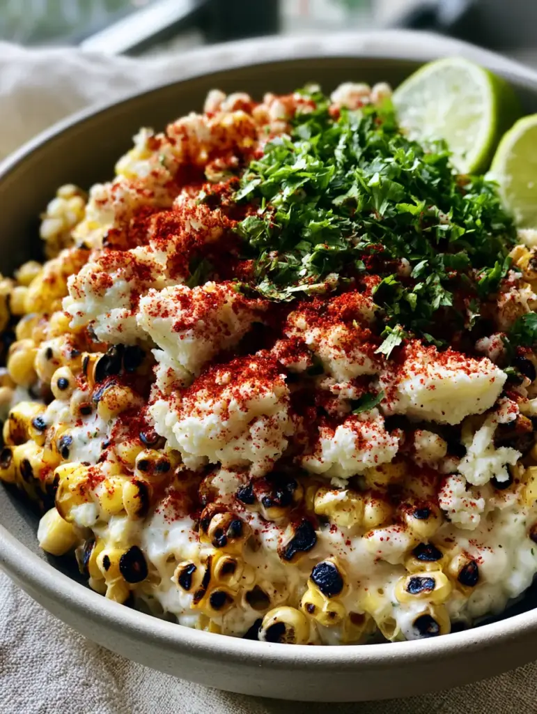 Detailed shot of the velvety white lime-crema sauce coating charred corn kernels, topped with irregular crumbles of cotija cheese and bright cilantro.