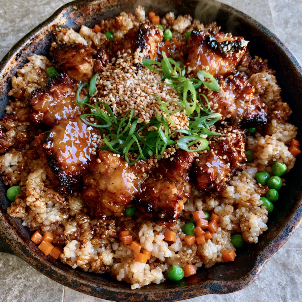 A top-down view of Japanese BBQ chicken fried rice showing bright green peas and orange carrot micro-cubes against golden rice.