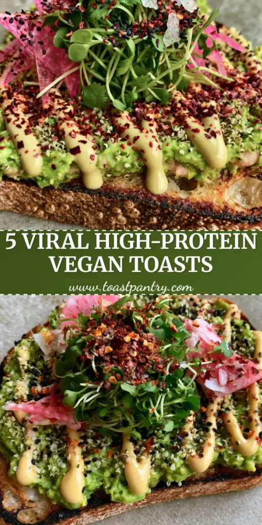 Gourmet high-protein vegan avocado toast on thick-cut charred sourdough with watermelon radish, tahini drizzle, and black sesame seeds.