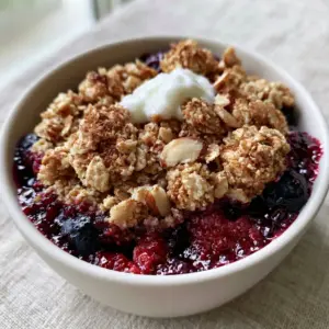 Close-up of toasted oat clusters and sliced almonds on a Breakfast Crumble.
