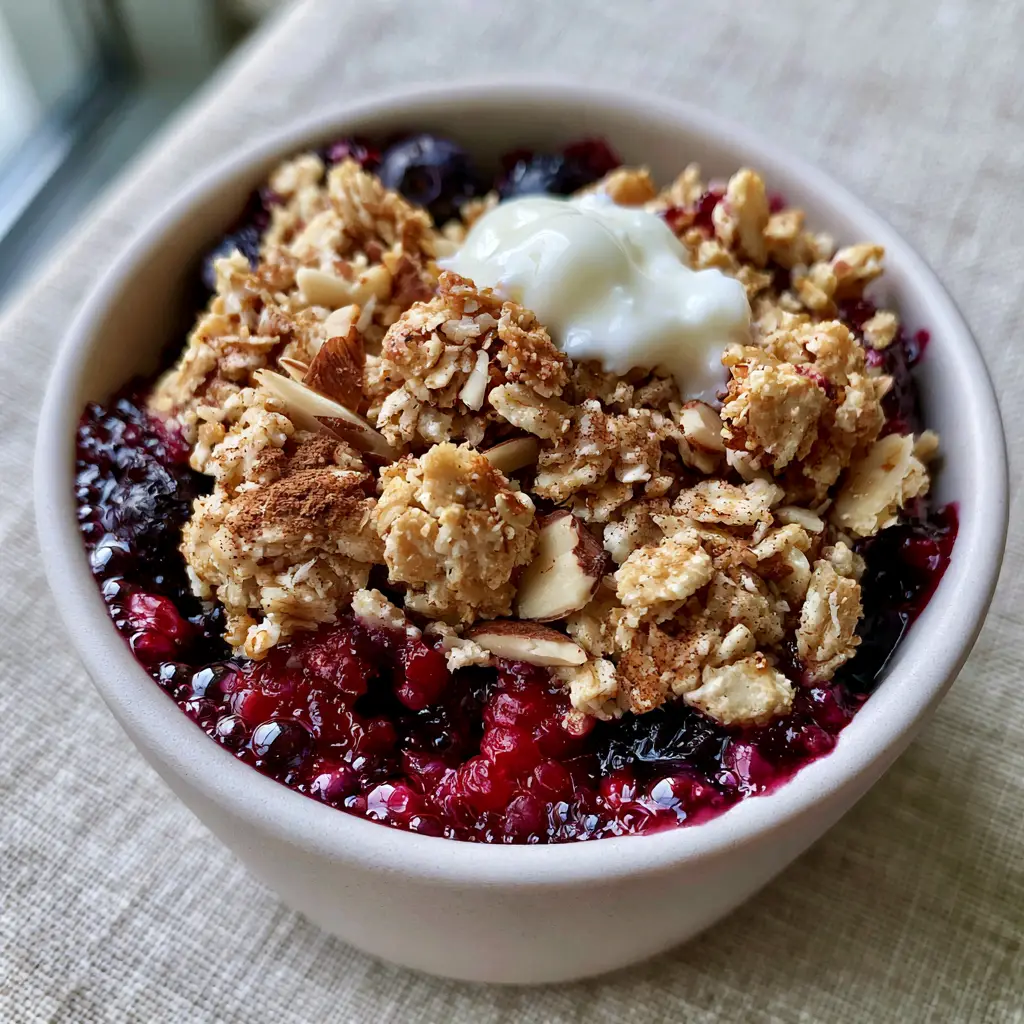 Breakfast Crumble: The Ultimate Healthy Berry & Toasted Almond Single-Serve Bake 1 A dollop of Greek yogurt melting over a warm cinnamon-dusted Breakfast Crumble.