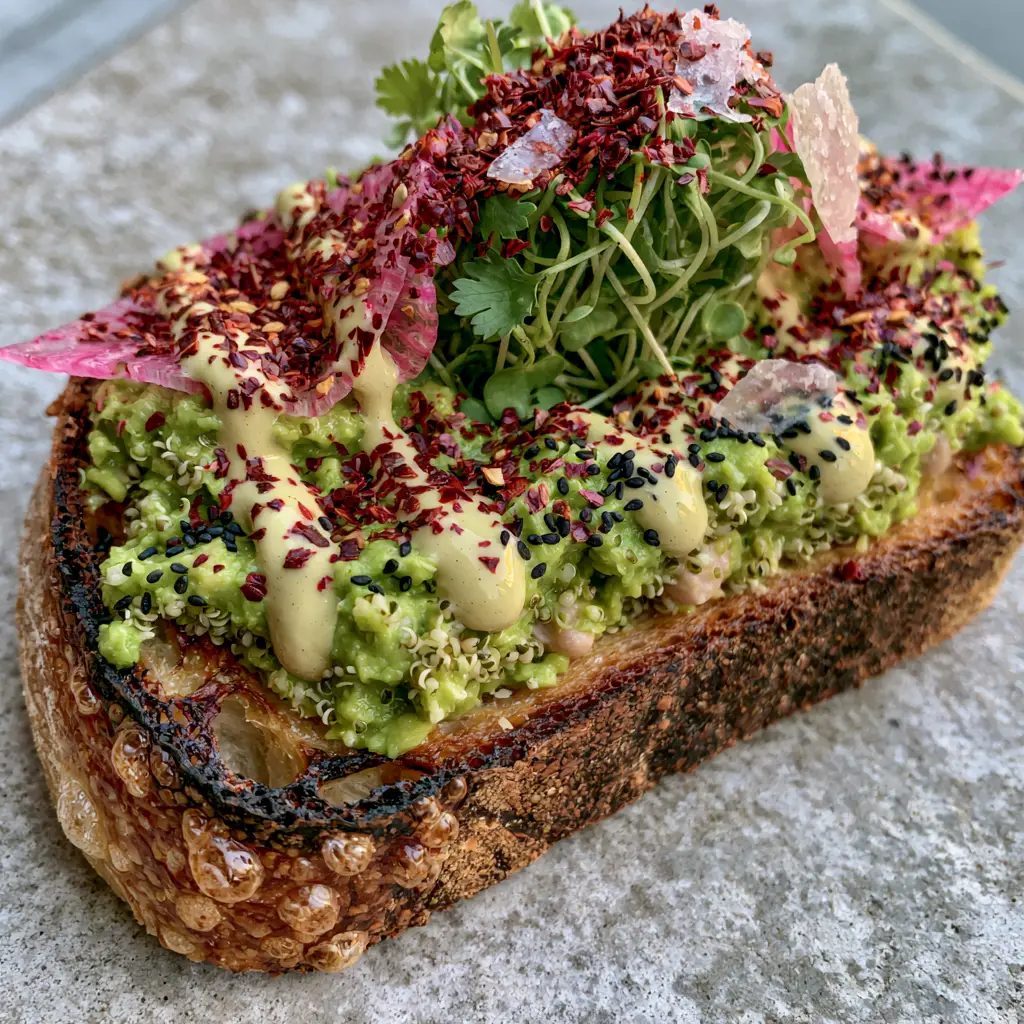 Artistic zigzag drizzle of lemon-tahini sauce over a vegan avocado toast with micro-cilantro.