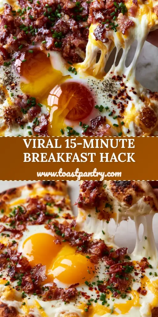 A handheld smartphone photo of a golden-brown breakfast flatbread with bubbly cheese, crispy bacon, and two sunny-side-up eggs with runny yolks on a marble counter.
