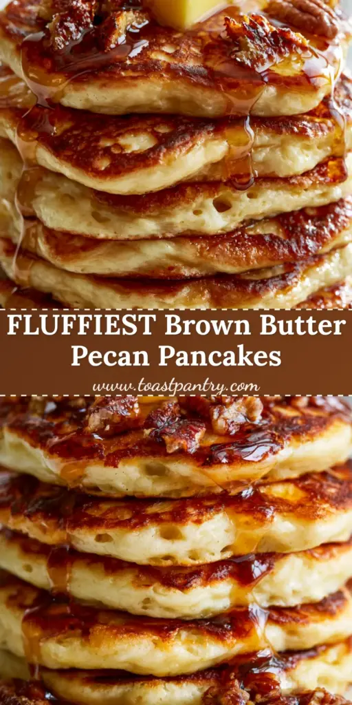 A towering eye-level stack of five thick brown butter pecan pancakes with melting salted butter and glistening maple syrup on a marble plate.