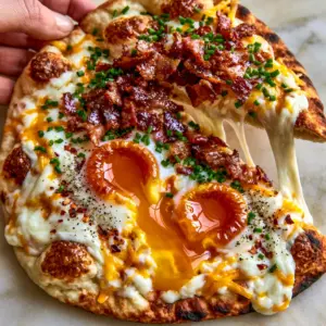 Close-up of a breakfast flatbread slice being lifted with a thick cheese pull, featuring vibrant orange egg yolks and crispy bacon.