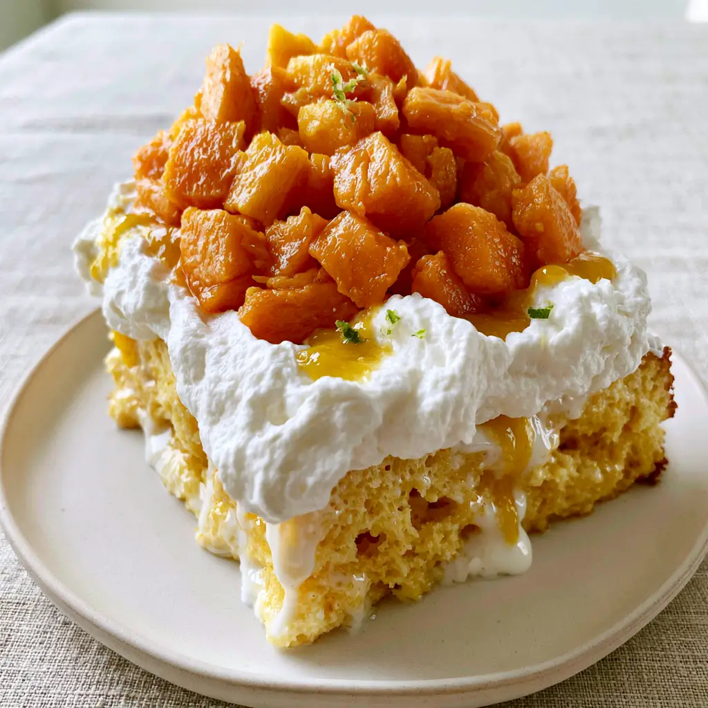 Overhead view of mango tres leches cake showing billowy whipped cream and golden mango puree drizzle.