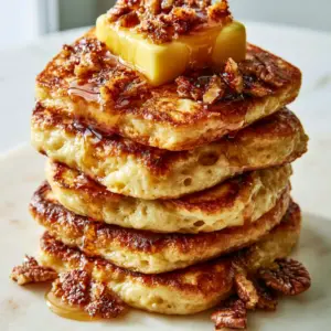 Extreme close-up of brown butter pecan pancakes showing porous texture and melting butter square.