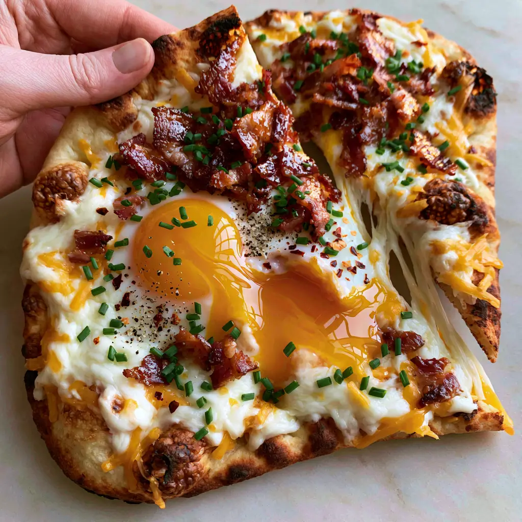 Top-down view of a breakfast flatbread topped with bubbly cheese, glistening bacon crumbles, and fresh green chives.