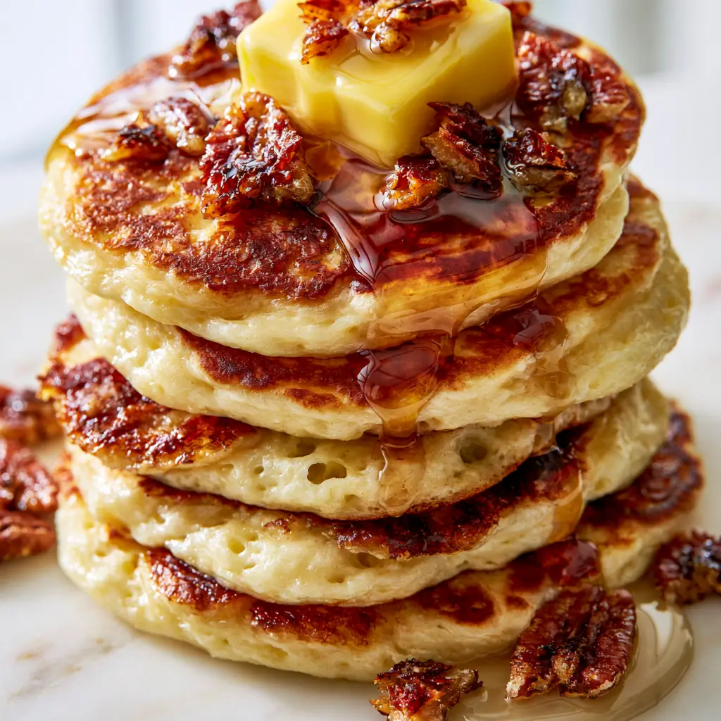 A thick stack of brown butter pecan pancakes with jagged pecan halves and a frozen syrup pour.