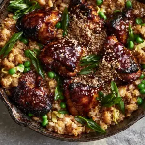 Close-up of seared chicken thigh chunks in Japanese BBQ chicken fried rice with a mirror-like glaze and charred edges.