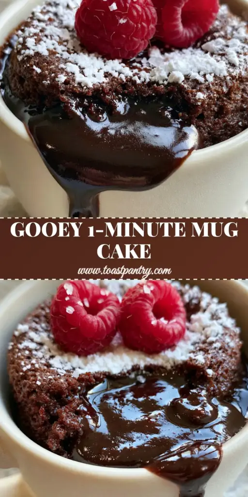 Molten Lava Mug Cake: The Ultimate 5-Minute Dark Chocolate Indulgence 4 A close-up of a molten lava mug cake in a cream ceramic mug with chocolate oozing over the side, topped with raspberries and powdered sugar.