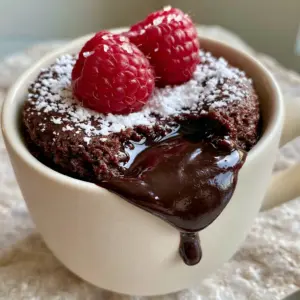A smartphone photo of an indulgent molten lava mug cake in a matte cream mug with a liquid dark chocolate center.