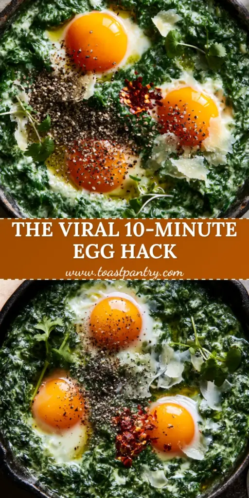 Top-down shot of a cast iron skillet with Creamy Spinach and Eggs, featuring three runny marigold yolks nestled in emerald wilted spinach with pecorino shavings.