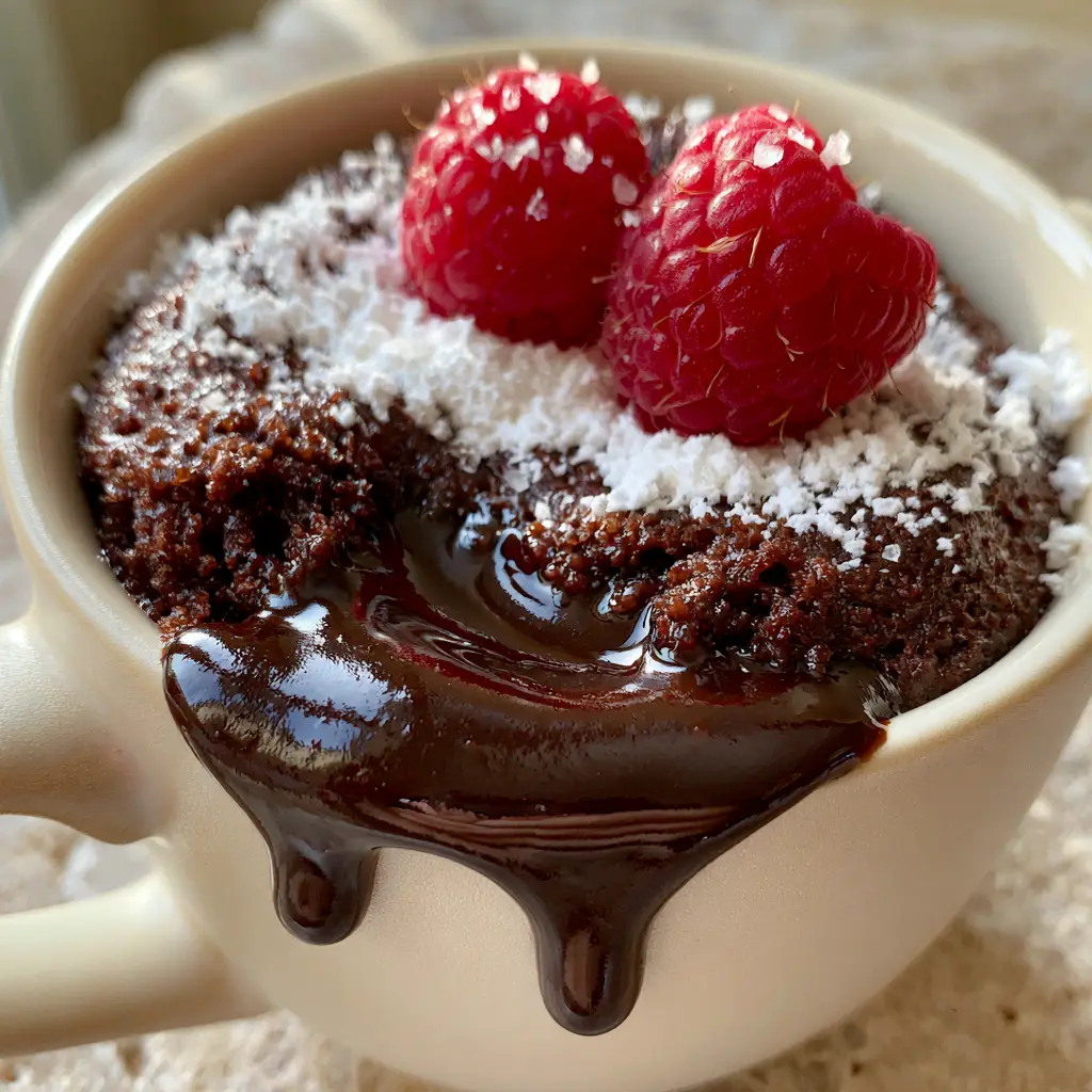 Molten Lava Mug Cake: The Ultimate 5-Minute Dark Chocolate Indulgence 1 Top view of a molten lava mug cake dusted with powdered sugar, featuring fresh raspberries and sea salt flakes.